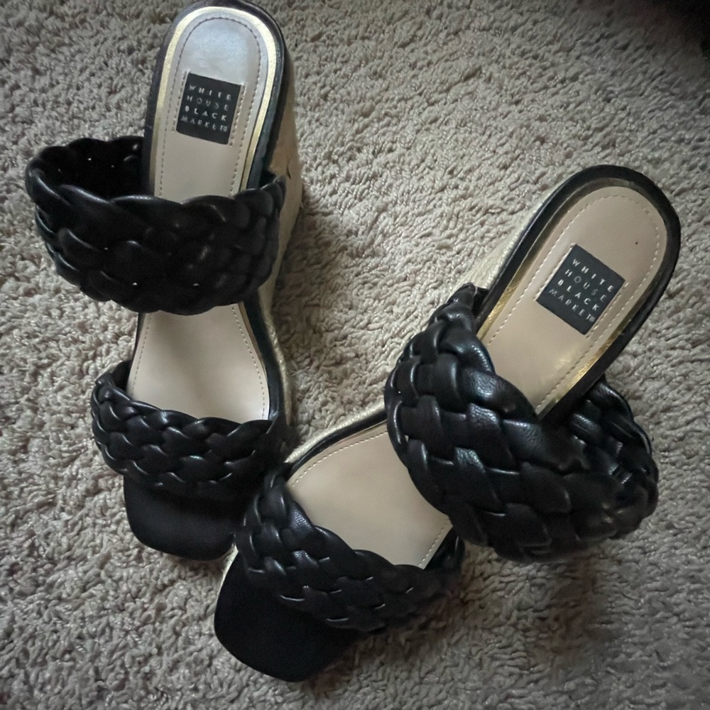 White House Black Market Braided Black Strap Wedge Sandals 7 1/2